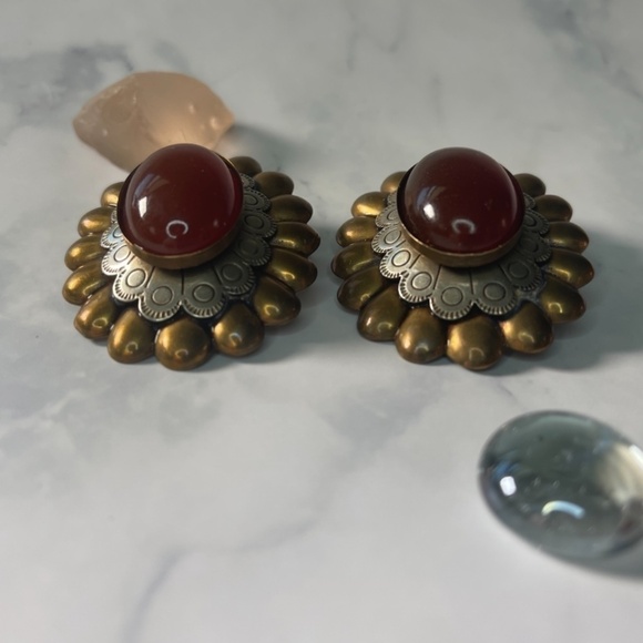 Vintage Marjorie Baer SF Clip Earrings - Brass Tone, Sterling, and Cabochon - Picture 3 of 7